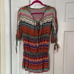 Green and Orange Tie Front Tunic Blouse
